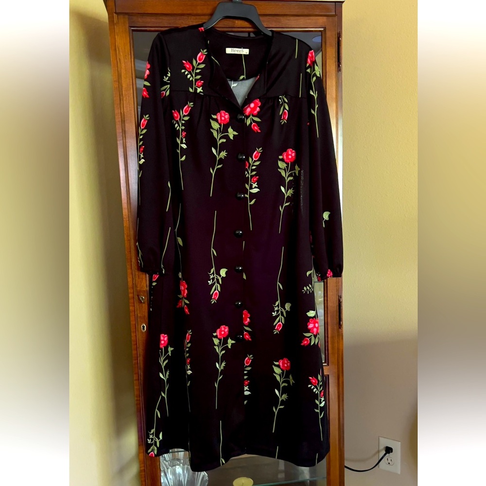 Black, Floral long coat, thin fabric, Button Down Dress,Spandex, Full sleeves..